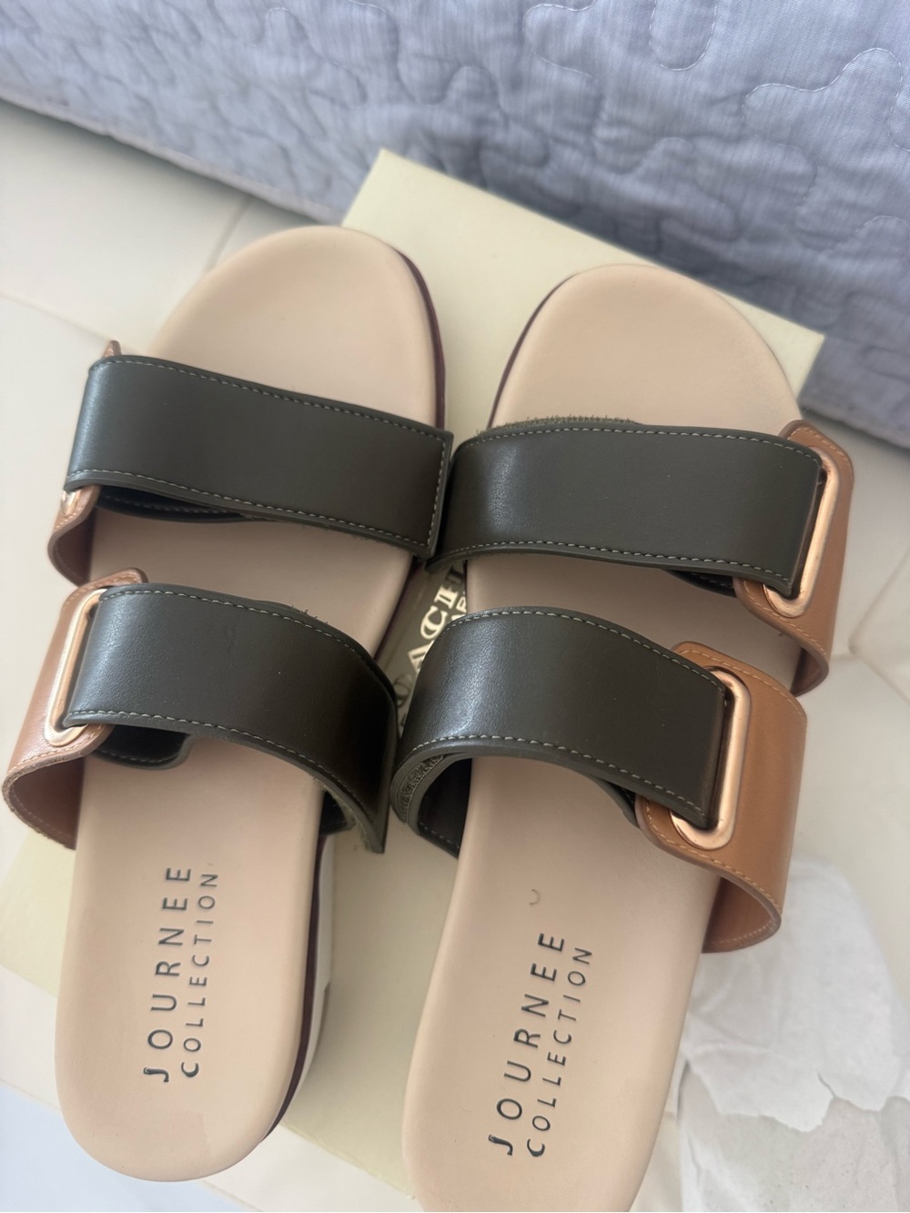 Journee Collection Olive & Brown Double-Band Slide Sandals